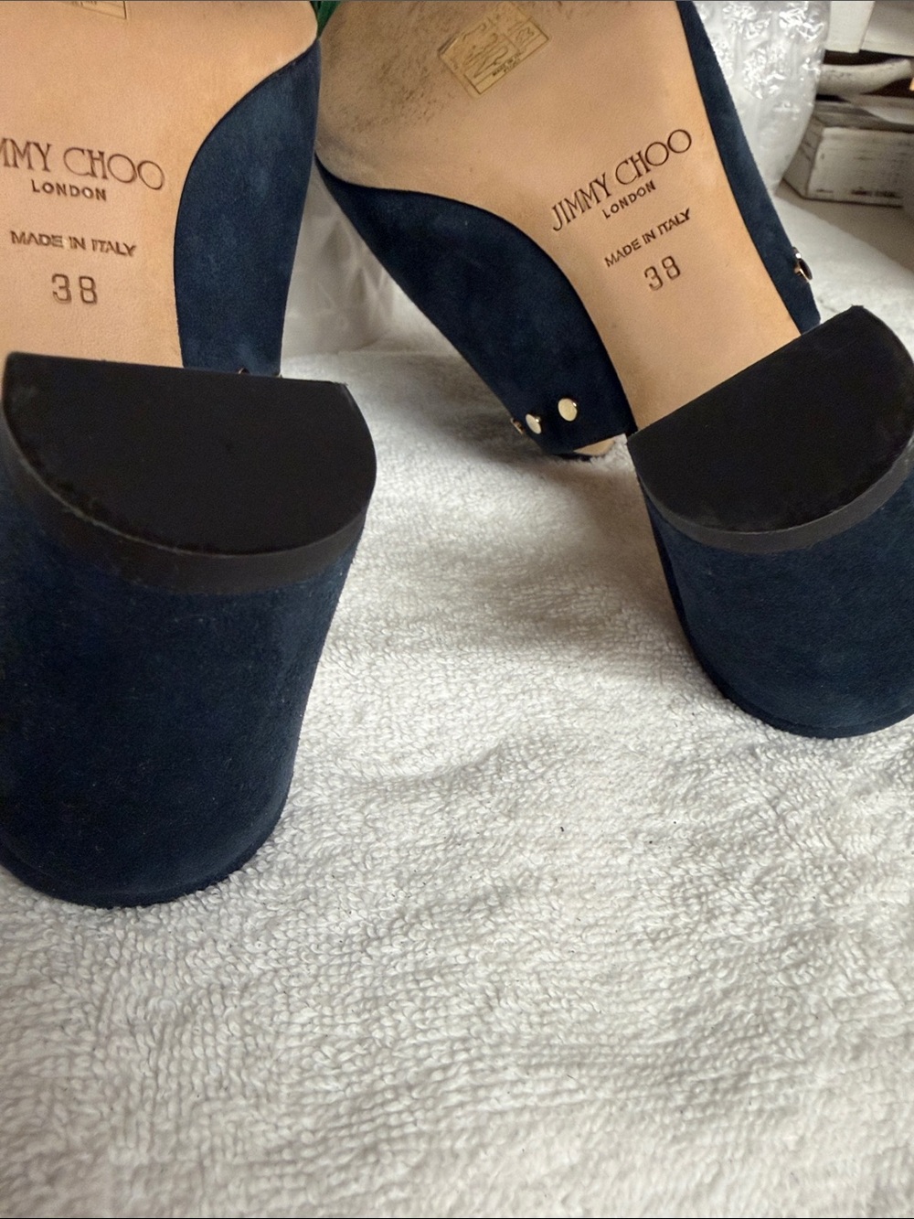 Jimmy Choo Navy Suede Gold-Stud Slide Mules - Picture 7 of 7